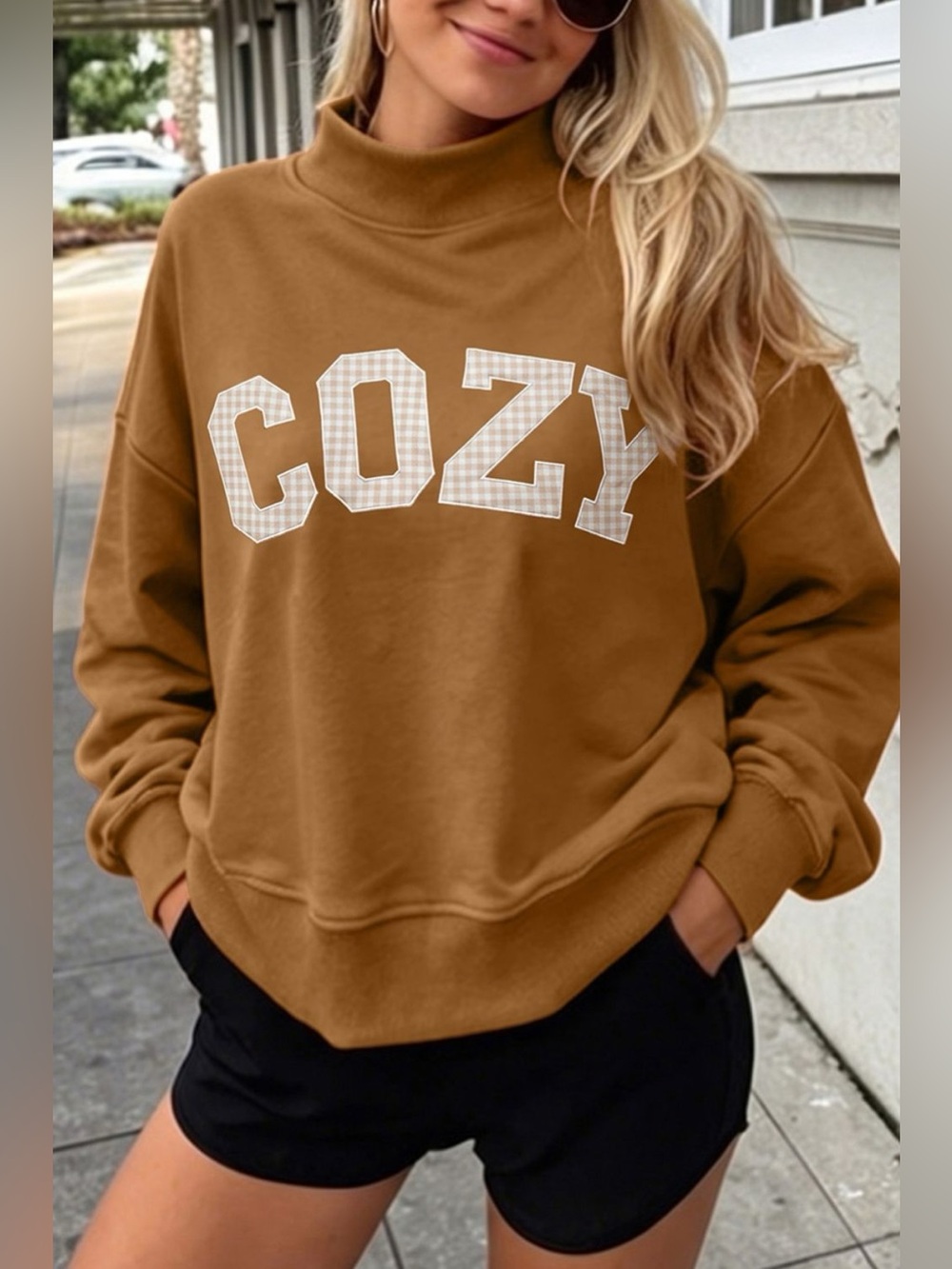 Gingham Letter Mock Neck Sweatshirt